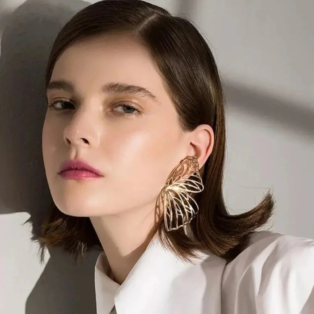 Large Big Gold Butterfly Wings Statement Stud Earrings Gold Statement Earrings - Picture 6 of 7
